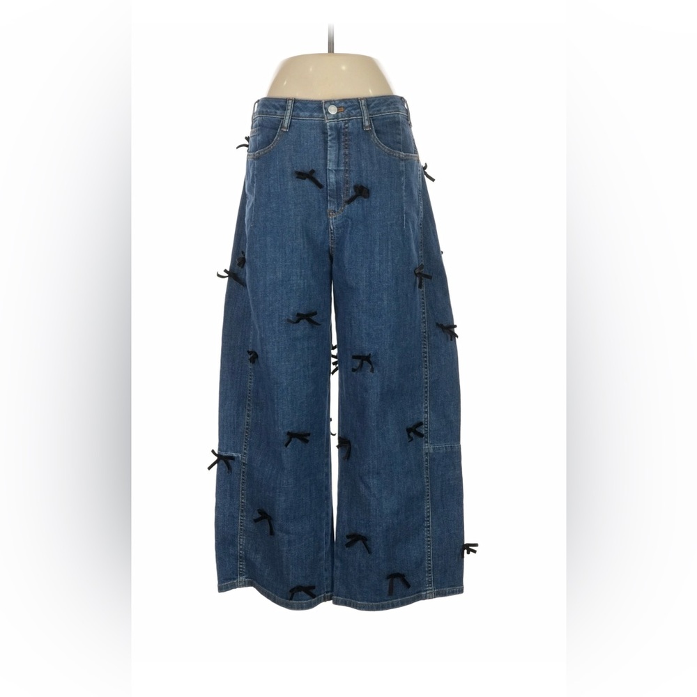 Anthropologie Wide Leg Blue Jeans with Black Bow Accents